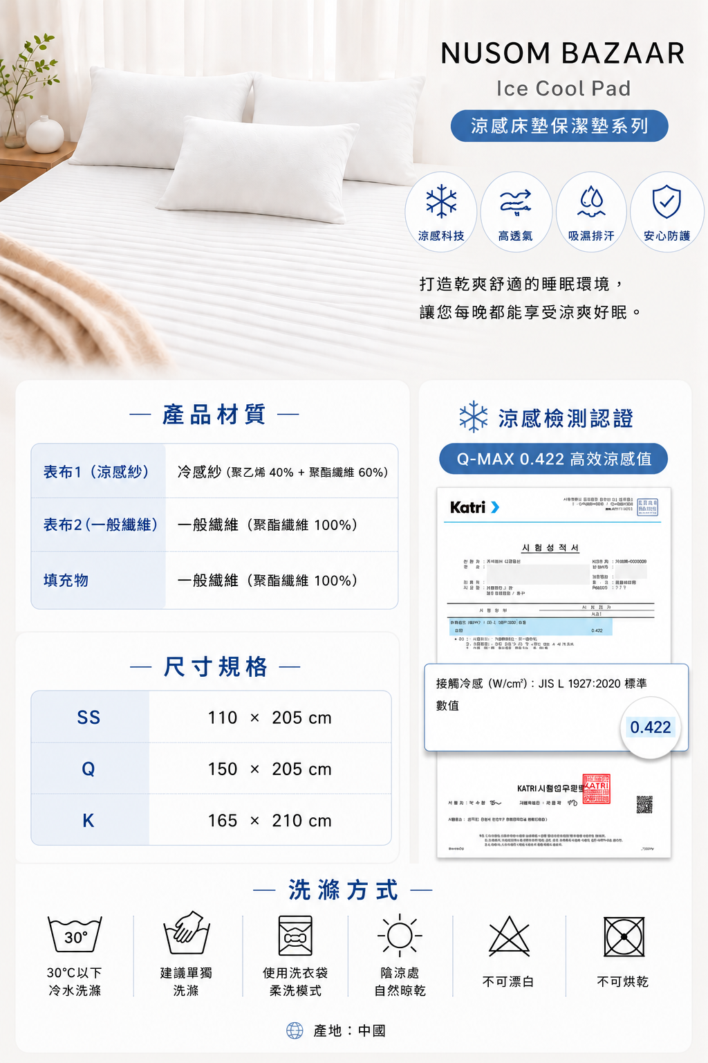 NUSOM BAZAAR 冰涼墊 小熊款-尺寸與規格說明
