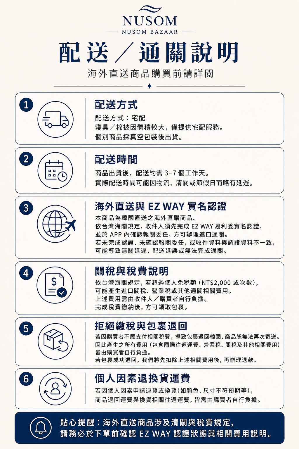 NUSOM 配送／通關說明