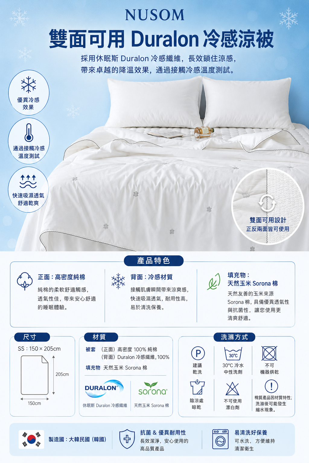 NUSOM 杜拉龍涼感雙面被 - 尺寸與規格說明